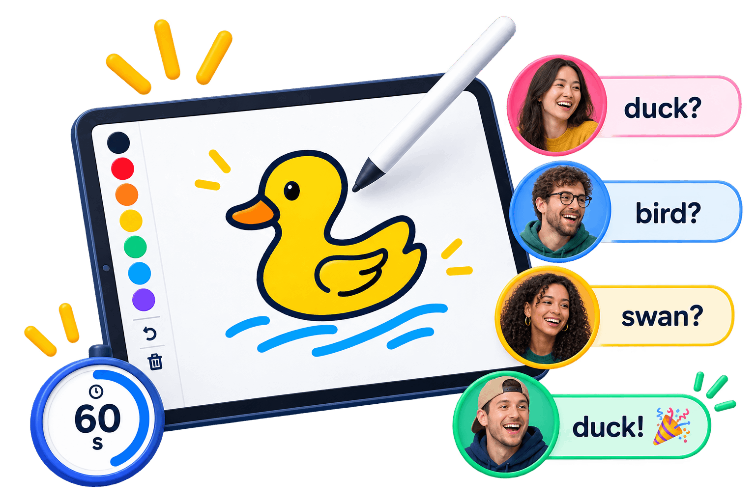 Tablet canvas with a duck sketch, live guess bubbles, and a 60-second timer