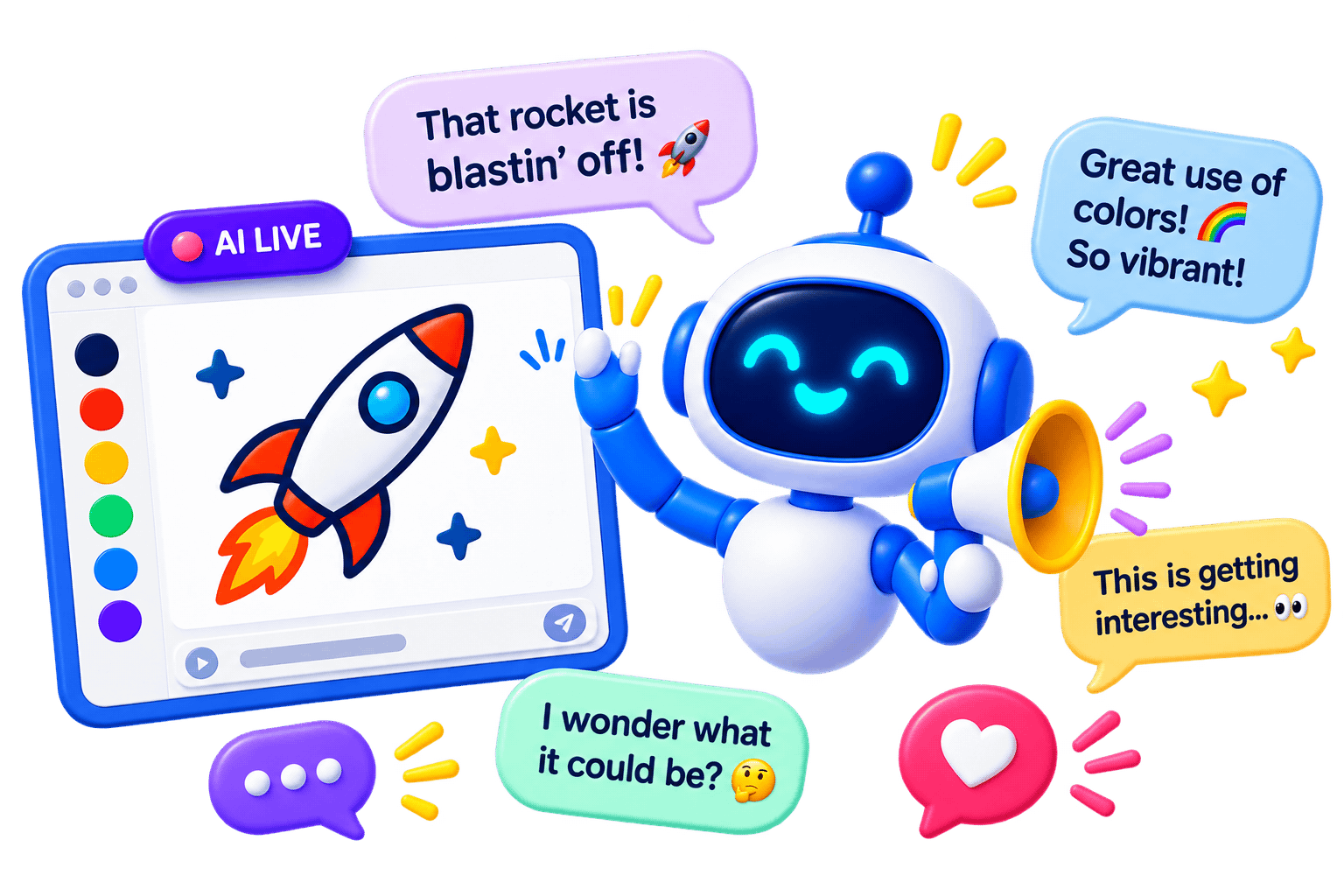 Friendly robot commentating on a rocket drawing with live chat