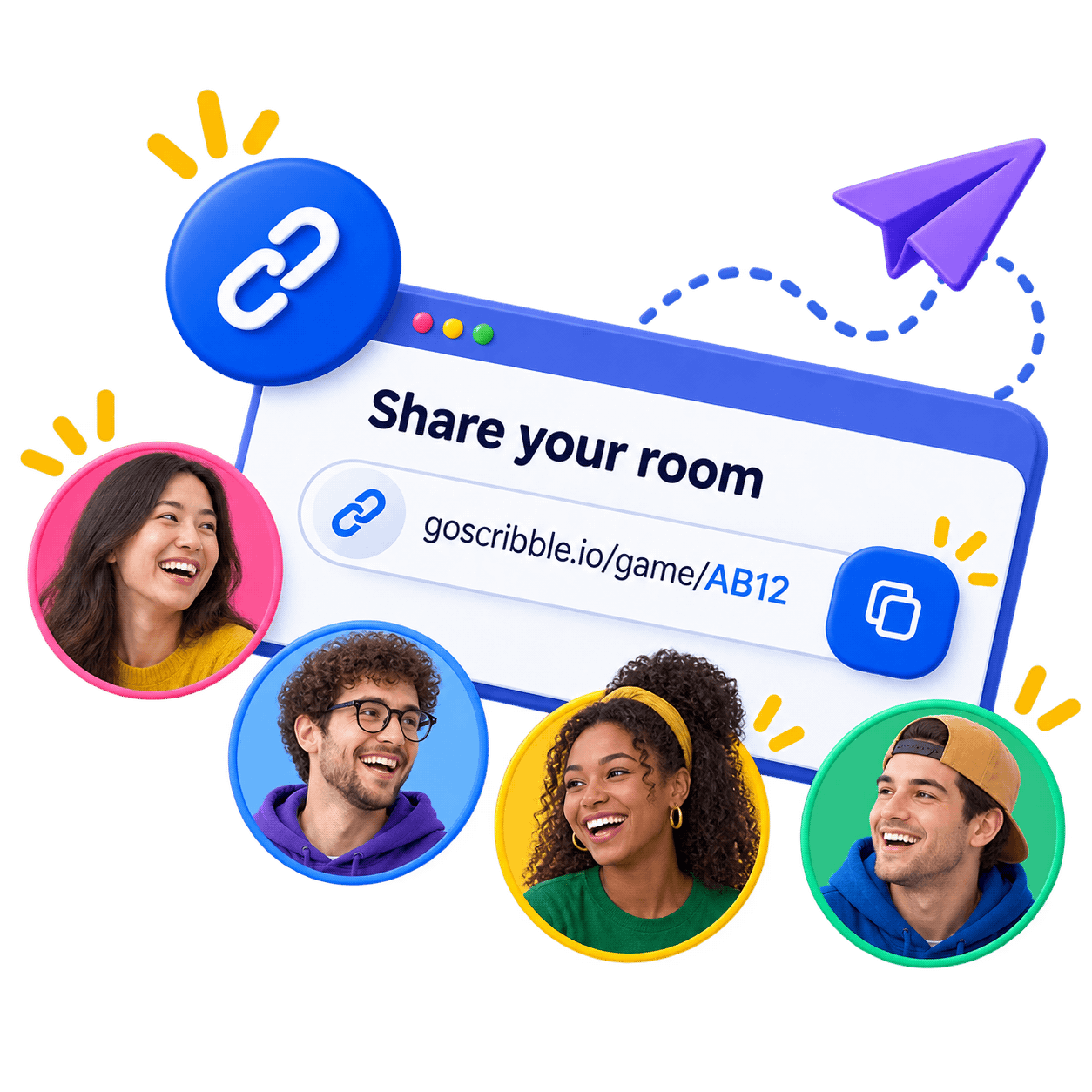 Share-your-room link dialog surrounded by player avatars
